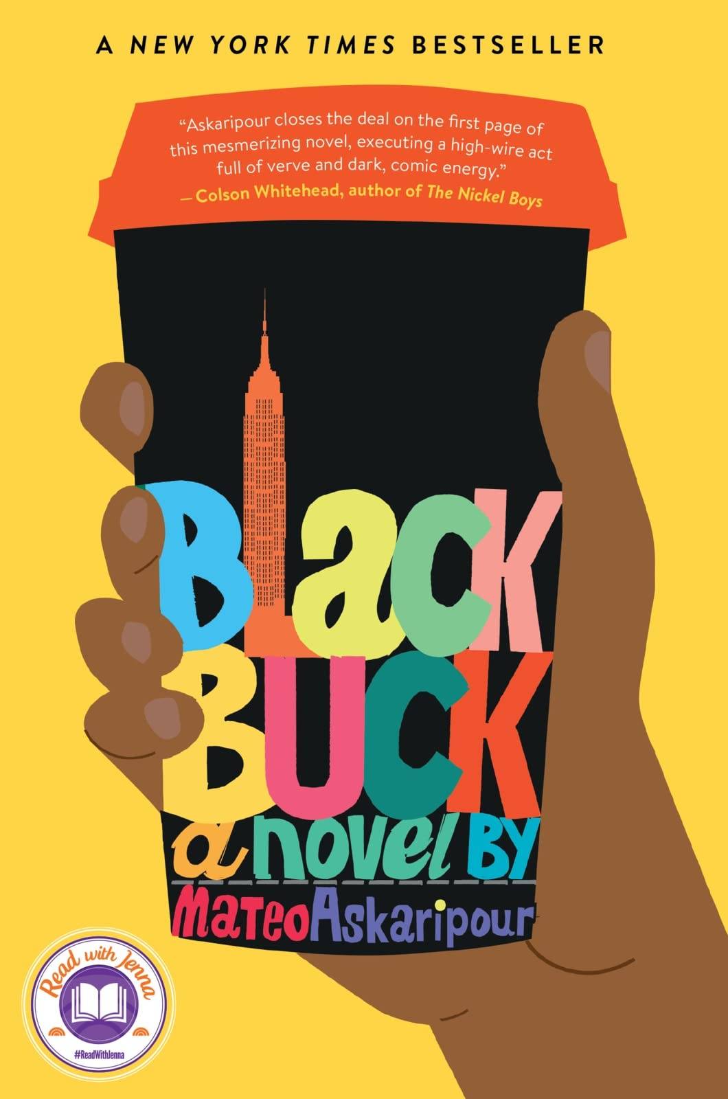 Book cover with an illustration of a person holding a coffee cup with the skyline of a city integrated into the title text